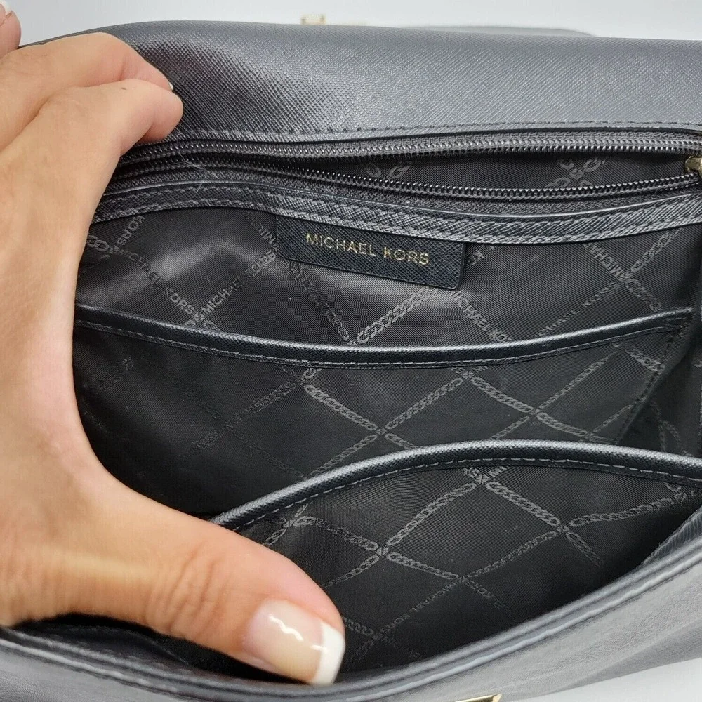 Michael Kors Brandi Medium Satchel Black Saffiano Leather Crossbody Gold Chain